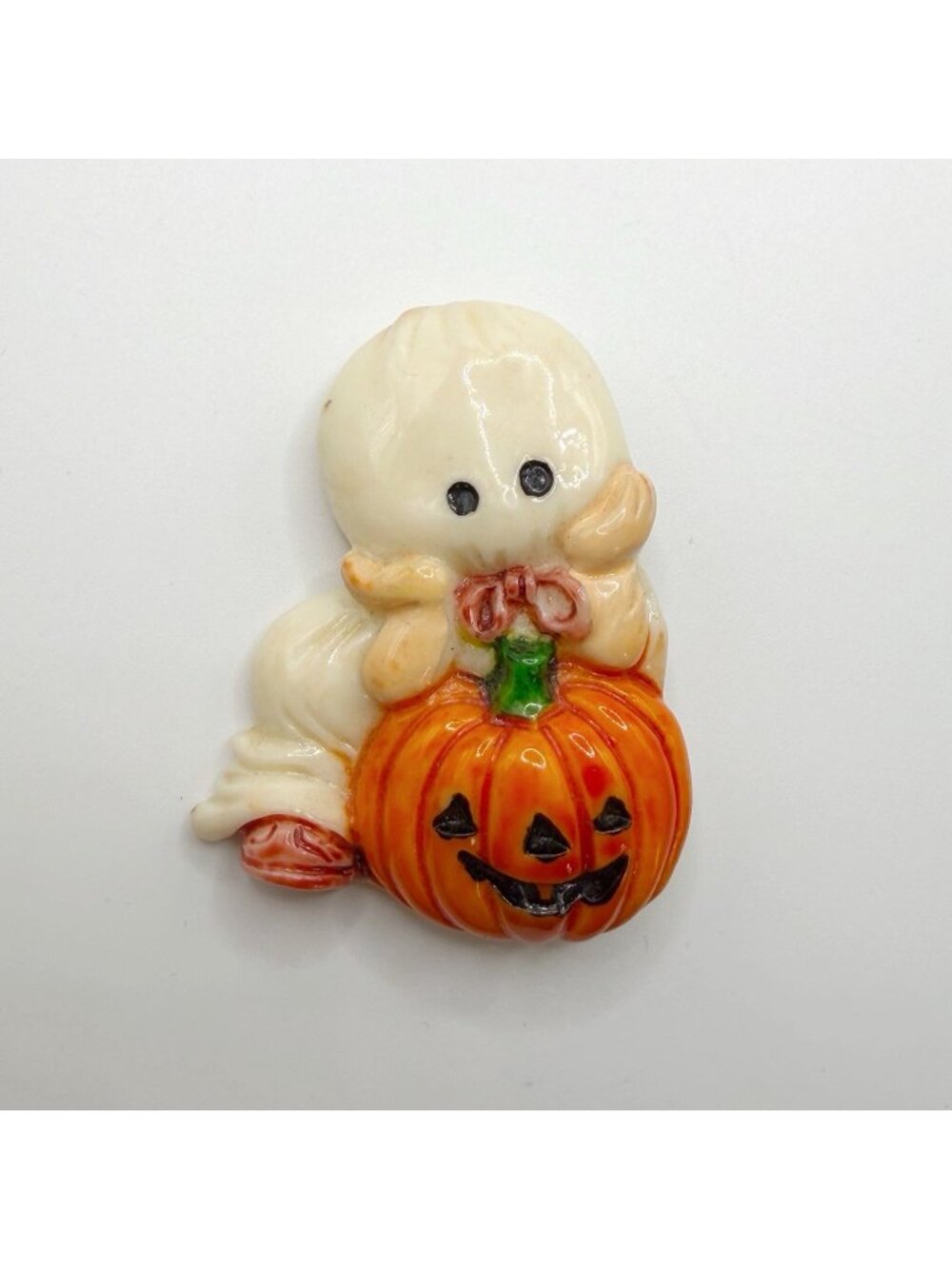 Enesco Halloween Brooch Pin Ghost Pumpkin Trickβ Or Treat Spooky White Orange